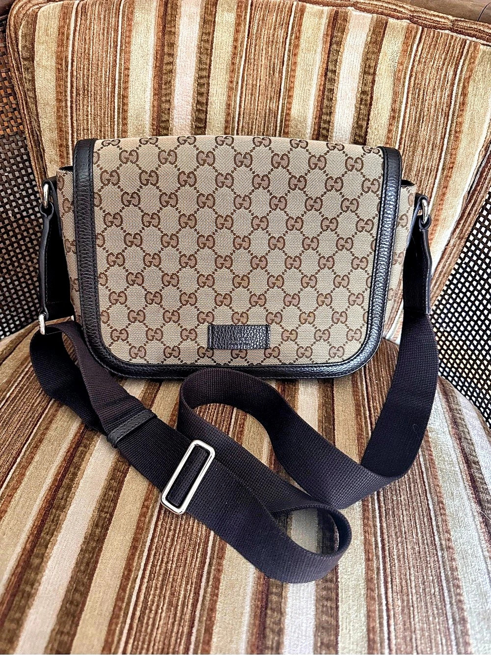Gucci GG Canvas Flap Messenger Bag Brown & Black